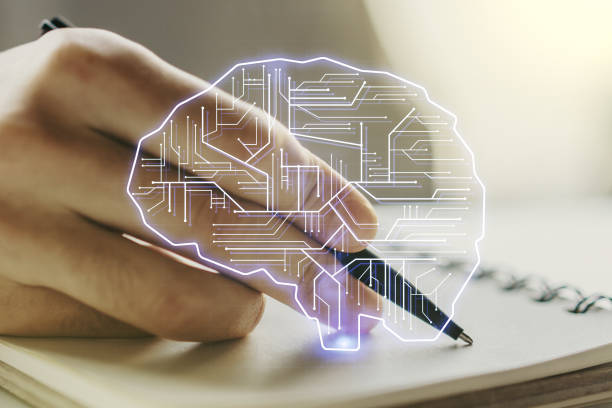 istock Double exposure of creative human brain microcircuit with man hand writing in notepad on background. Future technology and AI concept 1496020654