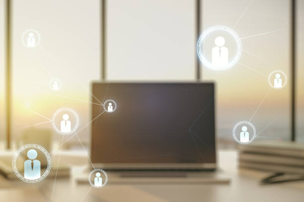 istock Social network concept with modern laptop on background. Multiexposure 1496020722