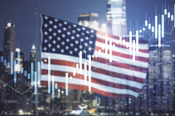 istock Multi exposure of virtual abstract financial graph interface on US flag and skyline background, financial and trading concept 1496021214