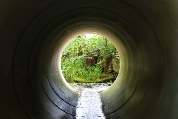 istock View through a round concrete tunnel carrying a stream beneath a road 1496022591