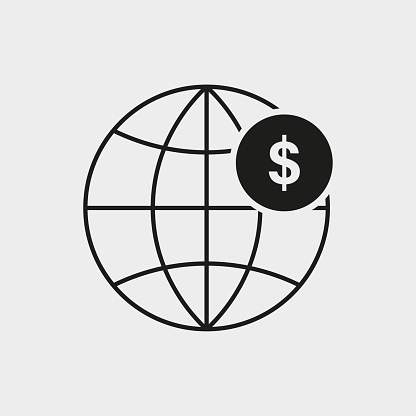 Globe with dollar icon in a flat design in black color. Vector illustration. Stock image. EPS 10.