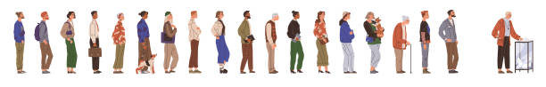 People waiting in line to vote at election. Citizens in queue signing for petition with signatures People waiting in line to vote at election. Citizens stand in queue signing for petition with signatures. Vector artwork depicts protest, registration, and declaration. Election day various voters voting queues stock illustrations