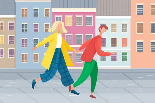 Vector illustration of Young man and woman friends or couple meeting, people walking down city street holding hands