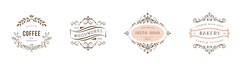 Elegant label, logo and scroll elements. Ornate vintage frames. Classic calligraphy swirls, swashes, floral motifs. Good for greeting cards, wedding invitations, restaurant menu, royal certificates and other graphic design.