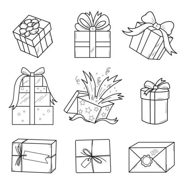 Vector illustration of Gifts for the New Year, birthday, raffle, prize. A set of gift boxes. Hand-drawn gift boxes on a white background.