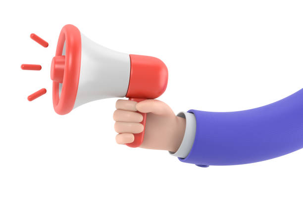 istock Cartoon Gesture Icon Mockup.3d hand holding yellow megaphone realistic icon, 3D rendering on white background. 1496031511