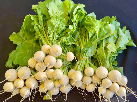 Horizontal high angle closeup photo of a bunches of freshly harvested white radish roots and green leaves on a stall at the weekly Farmer’s Market, Byron Bay, NSW