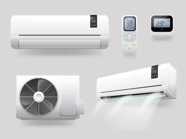 Vector illustration of Realistic conditioner. Air conditioners with ionizer refreshing cool aires purifier on ac energy, split system remote control weather in house or office, exact vector illustration