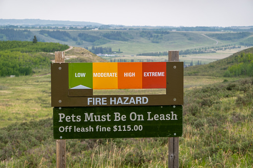 Cochrane, Alberta, Canada. Jun 4, 2023. A low fire hazard sign at Glenbow Ranch provincial park