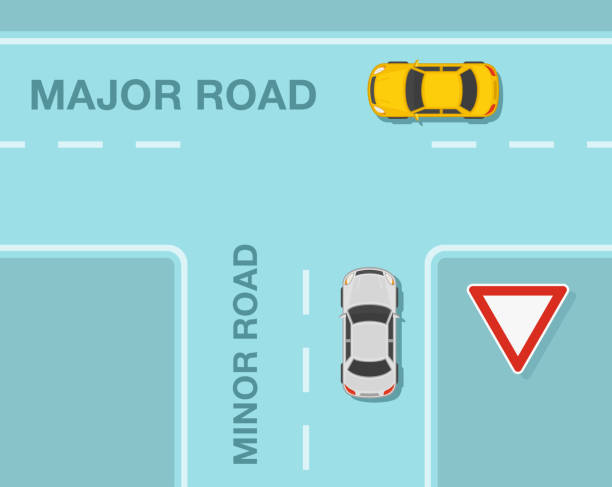 zasady regulacji ruchu drogowego. główna i mniejsza droga. priorytet skrzyżowania t. widok z góry. - right of way stock illustrations