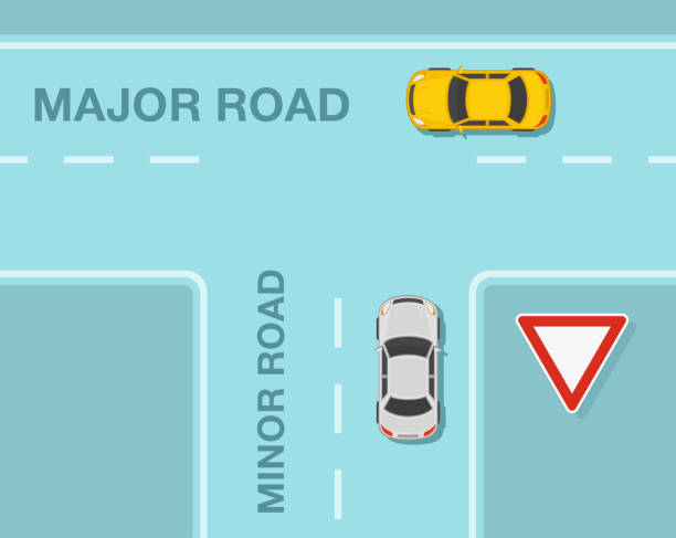 ilustrações de stock, clip art, desenhos animados e ícones de traffic regulation rules. major and minor road. t-junction priority. top view. - secondary action