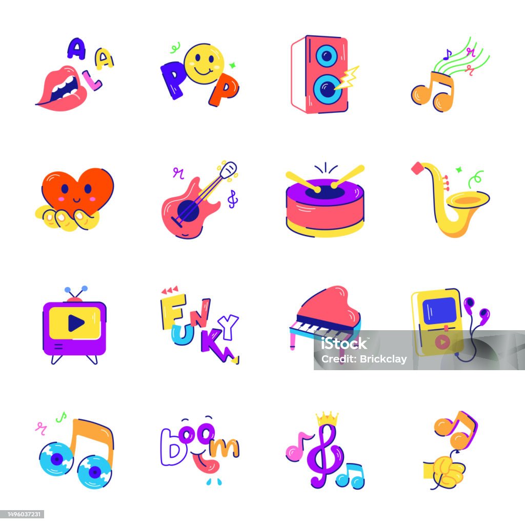 Funky Clips Collection Of Funky Entertainment Flat Stickers Stock Illustration ...