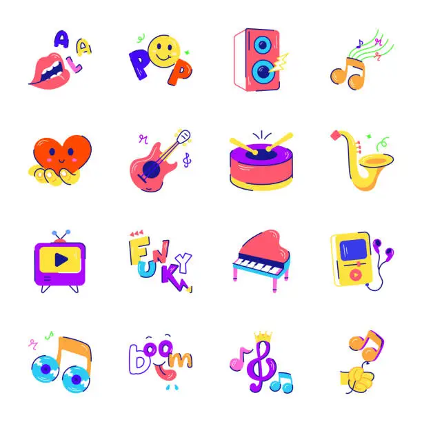 Vector illustration of Collection of Funky Entertainment Flat Stickers