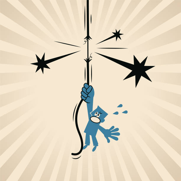 ilustrações de stock, clip art, desenhos animados e ícones de a blue man holding on to a rope that is about to break is at the end of his tether - at the end of your rope