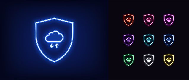 Outline neon shield security icon. Glowing neon shield with digital cloud storage sign, cloud data exchange. Cyber security, secure cloud synchronization, reliable update, file backup. Vector icon set