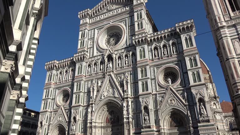 Florence, Italy, seen from below. Details of the cathedral and Giotto's bell tower. View of the Basilica of Santa Maria del Fiore.