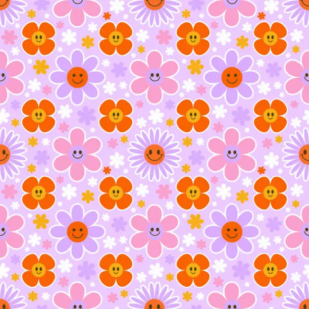 Vector illustration of Groovy flower seamless pattern. Y2k floral smile background. Cartoon retro daisy print with funny faces. Vector trendy aesthetic illustration.