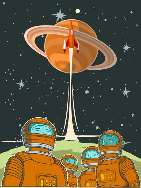 Vector illustration of Retro Astronaut Team in Space Poster Stock Illustration