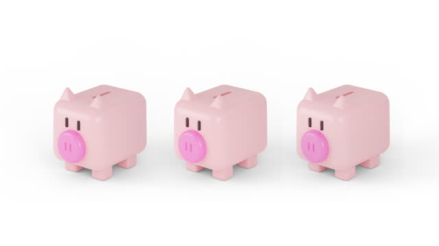 3d Animation saving money on piggy bank.