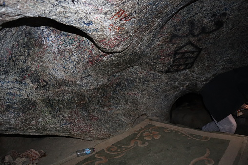 Interior view of Sawr Cave in Thawr or Thur Mountain, Mecca, Saudi Arabia. The history of the Prophet Muhammad and Abu Bakar took refuge from the Quraysh, during the migration to Medina. 01/29/2023