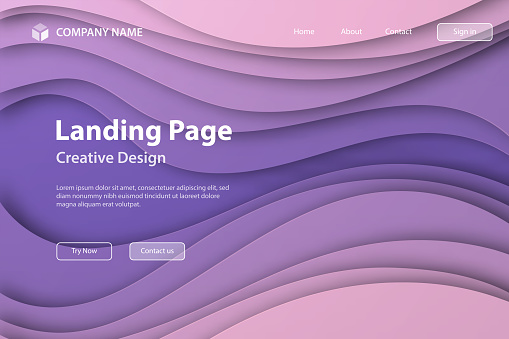 Landing page template for your website. Modern and trendy background. Fluid abstract design with wave shapes and beautiful color gradient in a paper cut style. This illustration can be used for your design, with space for your text (colors used: Pink, Purple). Vector Illustration (EPS file, well layered and grouped), wide format (3:2). Easy to edit, manipulate, resize or colorize. Vector and Jpeg file of different sizes.