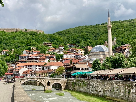 Kosovo - Prizren town - old town, stone bridge and the river Prizren Bistrica
