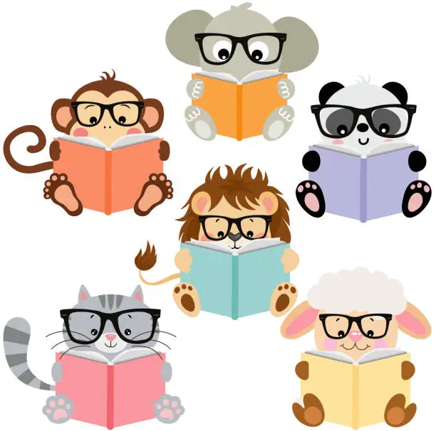 Vector illustration of Set of cute animals reading a book