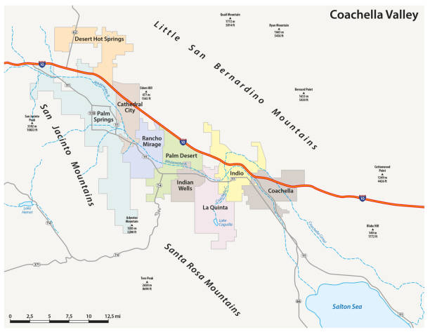 wektorowa mapa drogowa doliny coachella w hrabstwie riverside, kalifornia, stany zjednoczone - palm desert illustrations stock illustrations