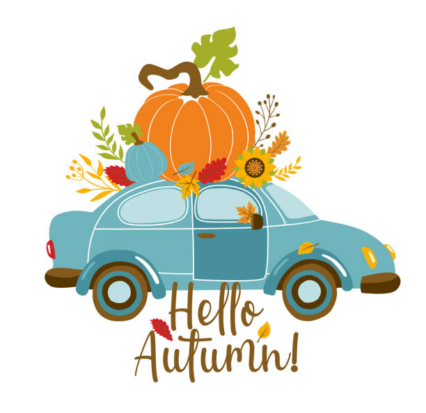 istock Vector autumn greeting card with car and pumpkin, falling leaves and text Hello autumn . Background for fall season. Poster with transportation and floral elements. Harvest time 1496050429