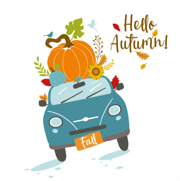 istock Vector autumn greeting card with car and pumpkin, falling leaves and text Hello autumn . Background for fall season. Poster with transportation and floral elements. Harvest time 1496050430