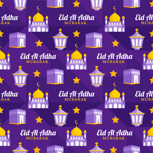 ilustrações, clipart, desenhos animados e ícones de feliz eid al adha mubarak padrão sem costura de muçulmanos celebração com animais de sacrifício em modelo desenhado à mão desenho animado ilustração plana - eid al fitr