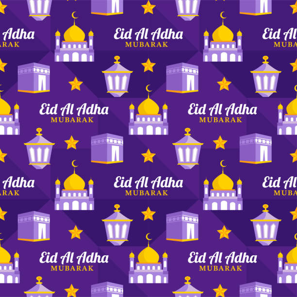 счастливого праздника ид аль-адха мубарак бесшовный узор мусульманского празднования с жертвенными животными в шаблоне рисованная мультя - eid al fitr stock illustrations