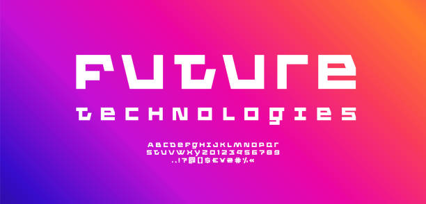 istock Tech font, future alphabet, trendy modern Latin letters A, B, C, D, E, F, G, H, I, J, K, L, M, N, O, P, Q, R, S, T, U, V, W, X, Y, Z and Arab numerals 0, 1, 2, 3, 4, 5, 6, 7, 8, 9 1496051884