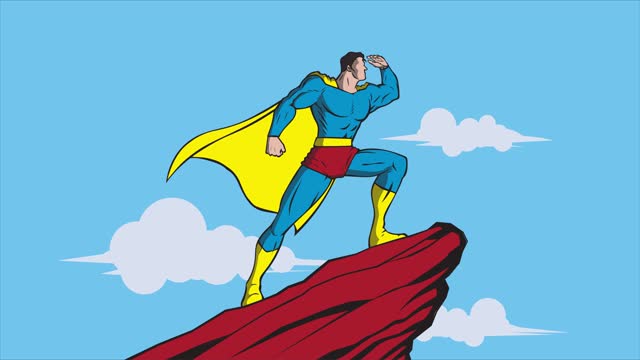 Looping Cartoon Superhero Looking at Far Away Animation Stock Video