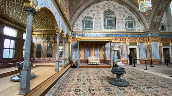Istanbul, Türkiye – January 12, 2023: Interior decoration with tiles mosaic in Topkapi Palace in Istanbul.