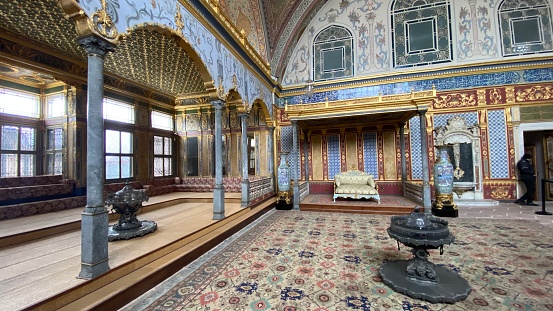 Istanbul, Türkiye – January 12, 2023: Interior decoration with tiles mosaic in Topkapi Palace in Istanbul.