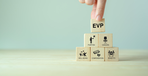 Employee value proposition (EVP)  strategy concept. Attract, motivate and retain talented employees in a competitive job market through the corporate culture and benefits offering.