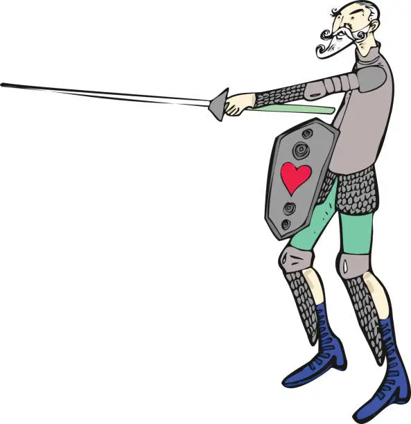 Vector illustration of Don Quichotte fights windmills with his sword.