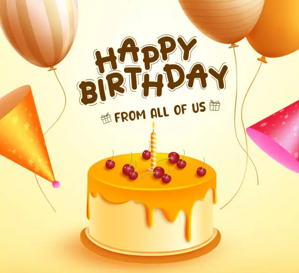 Vector illustration of Happy birthday text vector design. Birthday greeting with cake party elements in yellow background.