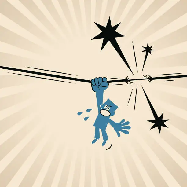 Vector illustration of A blue man holding on to a rope that is about to break is at the end of his tether