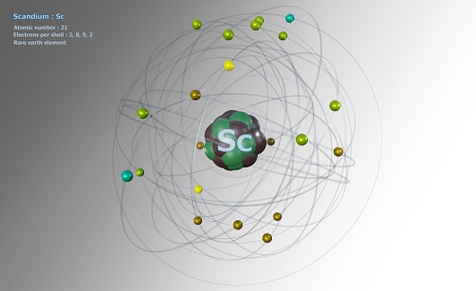 Atom of Scandium with Core and 21 Electrons on a White background