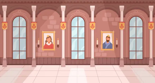 Vector illustration of Castle royal ballroom interior cartoon background with monarch king and queen gallery portraits. Vector medieval hall for ball with arch windows. Dance hallway with column for monarchy wedding