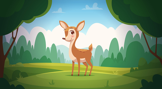 Deer in forest. Cute little baby deer walking outdoor exact vector cartoon background. Illustration of deer forest baby