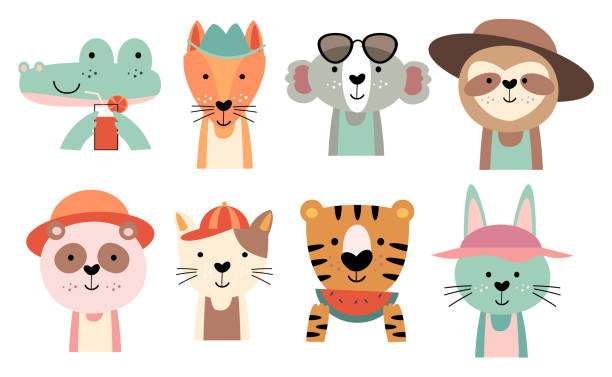 ilustrações, clipart, desenhos animados e ícones de conjunto de animais selvagens com traje de verão. ilustração vetorial . - animal bone