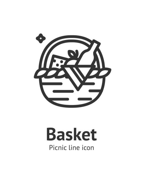 피크닉 사인을 위한 wisker 바구니는 가는 선 아이콘 엠블럼 개념입니다. 벡터 - basket apple wicker fruit stock illustrations