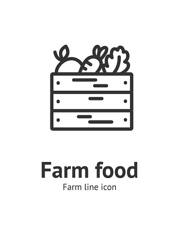 Farm Food in Wooden Box Sign Thin Line Icon Emblem Concept Symbol of Organic Vegetables or Harvest. Vector illustration