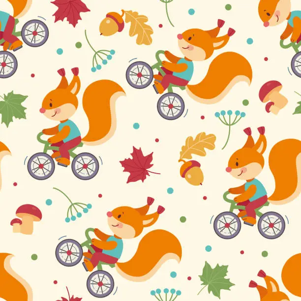 Vector illustration of Colorful seamless pattern with cute cartoon squirrel riding bicycle in flat style. Endless texture for fabric, clothes, background, textile, wallpaper. Vector illustration with mushroom, acorn, leaves