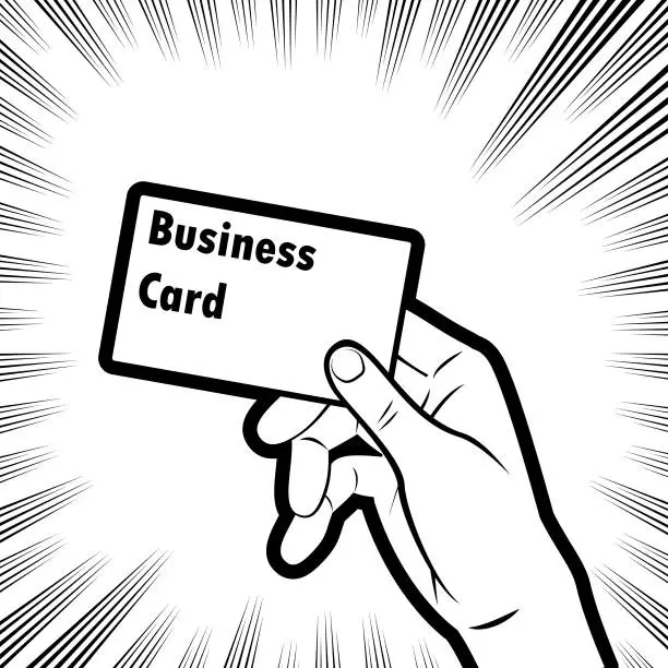 Vector illustration of A human hand showing a blank business card, in the background with radial manga speed lines