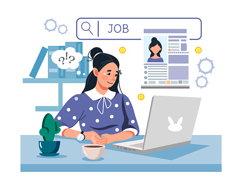 Job Search - A woman is looking for a job online from her computer from home. Sending resumes, job search. The concept of choosing an employee or staff, hiring staff or hiring employees.