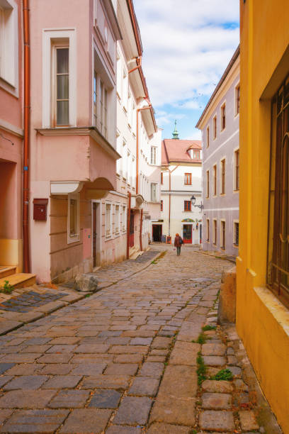 narrow cobblestone streets of the old city stock photo